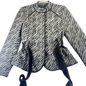 SANDRO Womens M Black Animal Striped Linen Blazer Jacket Hidden Buttons Tie Belt